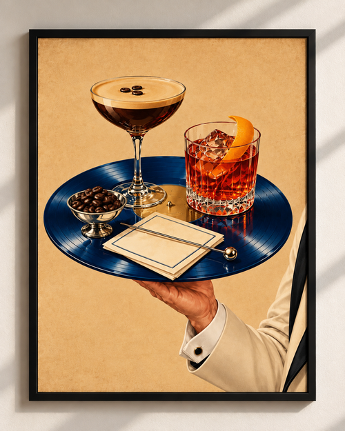 Retro blue vinyl record serving tray with espresso martini and whiskey cocktail in black A4 frame