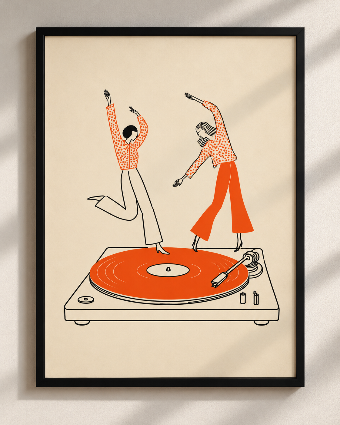 Framed A4 playful orange turntable poster with retro line-drawn dancing couple