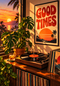 Framed A4 Good Times orange sunset and vinyl record player poster