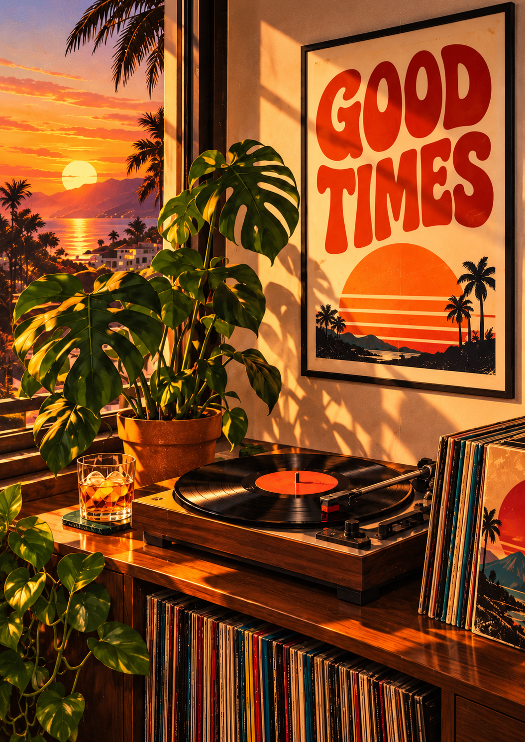 Framed A4 Good Times orange sunset and vinyl record player poster