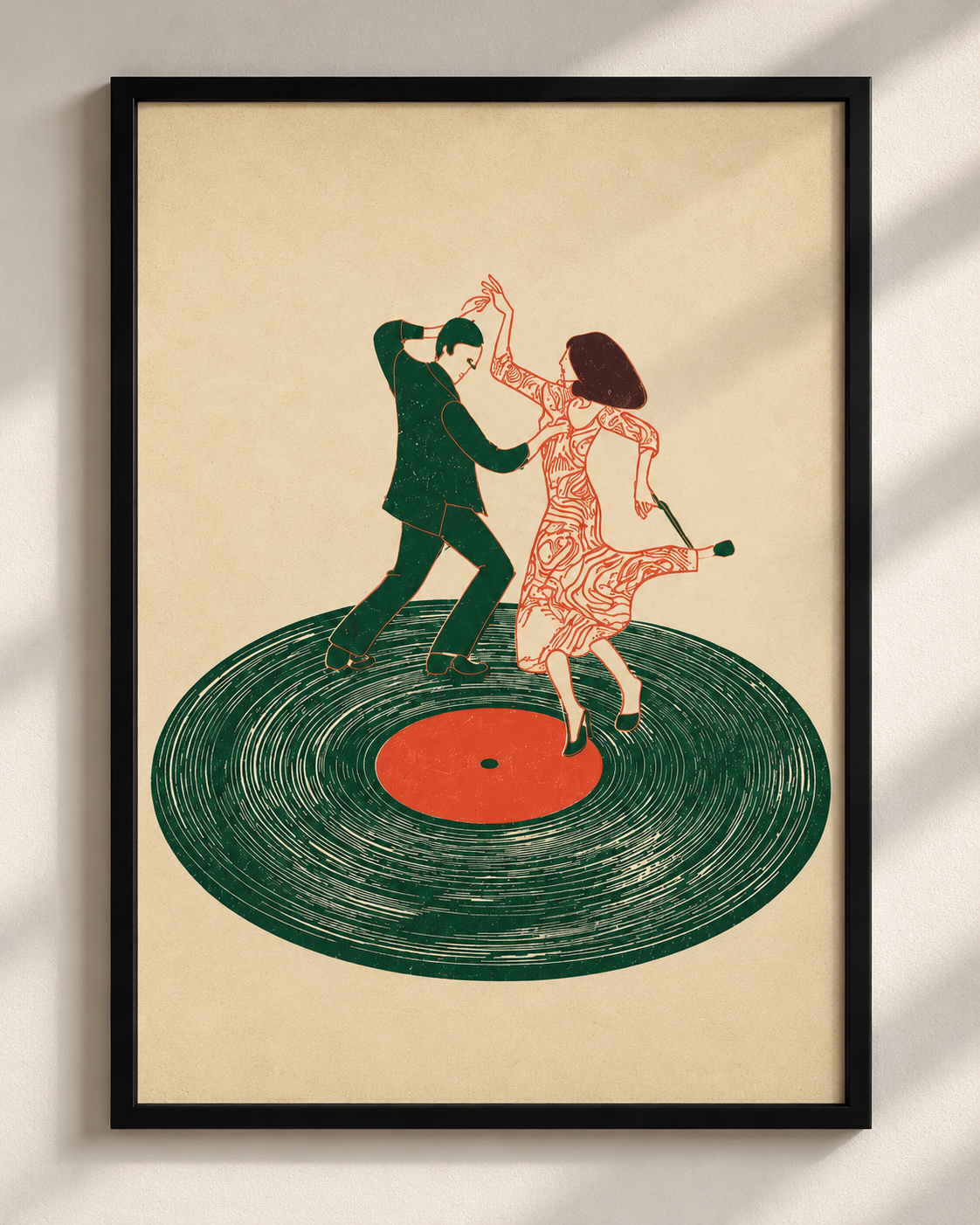 Retro dancing couple on deep green vinyl disc, black framed A4 music wall art