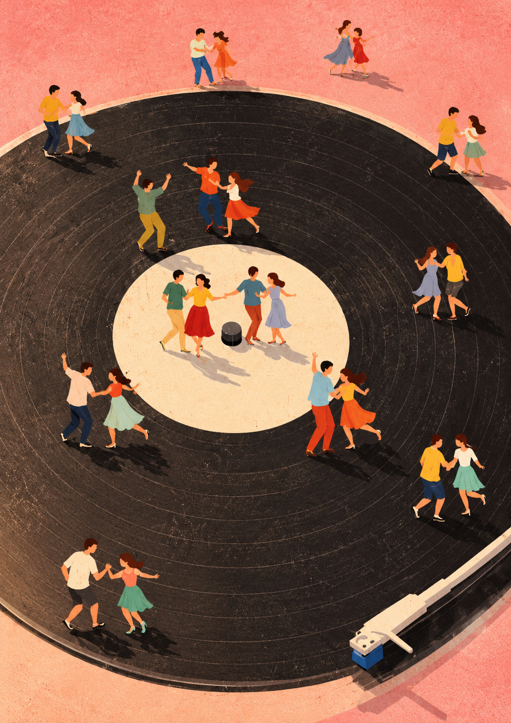 Framed A4 whimsical small dancers on oversized black vinyl record poster