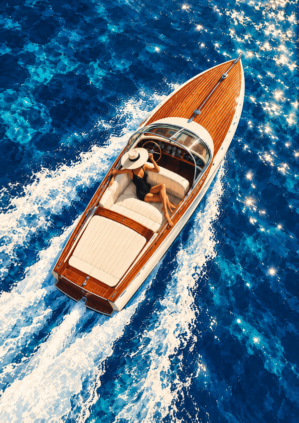 Luxury Wooden Speedboat Poster – A4 Framed Coastal Wall Art