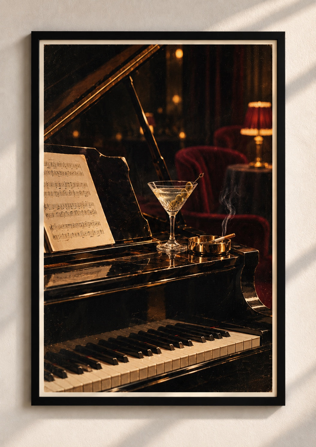 Vintage piano and martini framed poster