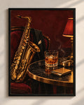 Vintage saxophone and whiskey framed poster