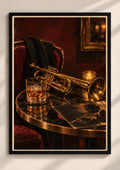Vintage trumpet and whiskey framed poster