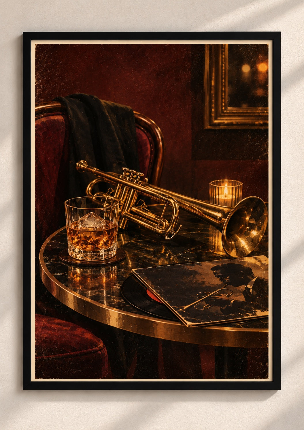 Vintage trumpet and whiskey framed poster